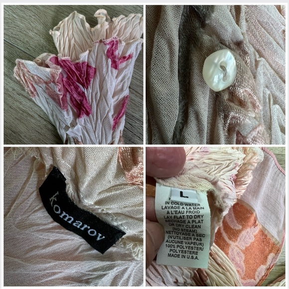 Komarov Blush Pink Crinkle Pleated Blouse Velvet Floral Burnout Plaque Romantic - Picture 10 of 16